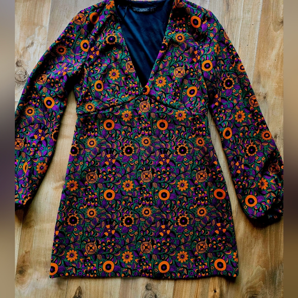 Zara Trafaluc Floral A Line Long Sleeve Mini Dress